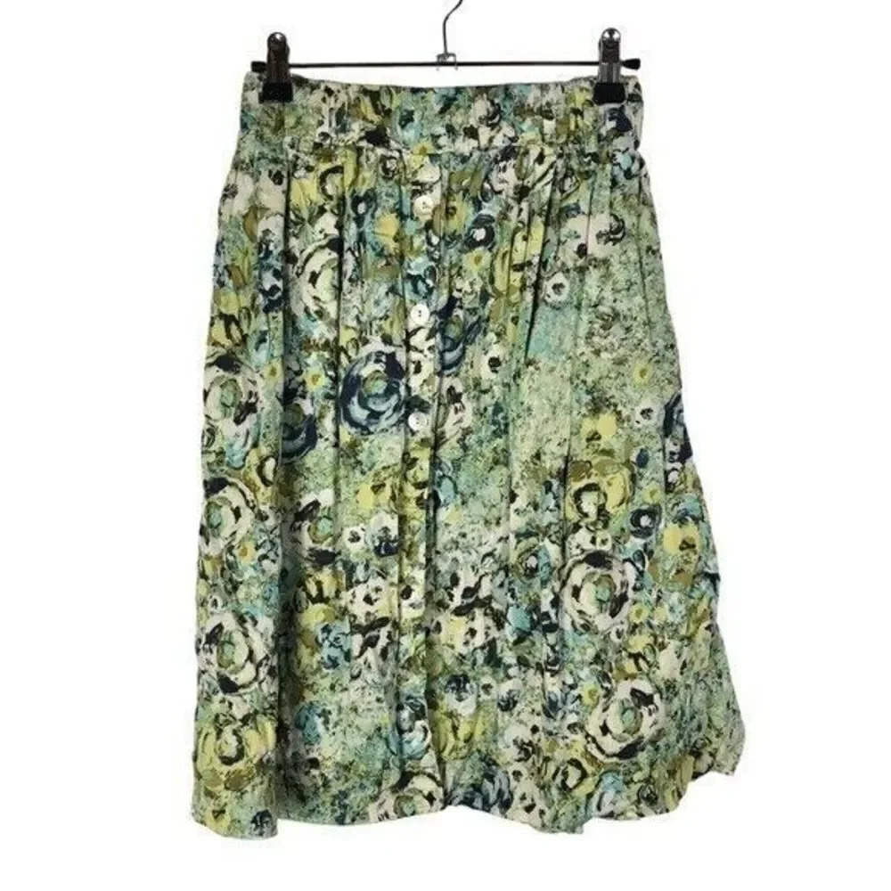 Sunset Rd Y2K Green & Blue Watercolor Floral Button Front Knee Length Skirt 14
